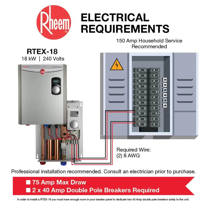 Rheem 18kW Tankless Electric Water Heater, Digital Control, 4.4 GPM, Copper Elements