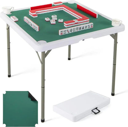 Mahjong-Friendly Folding Card Table — 35-Inch Square HDPE Surface with Cup Holders & Mat