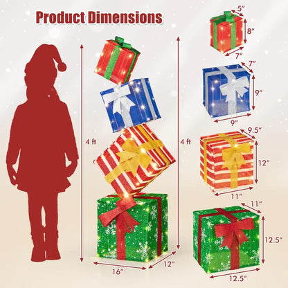 Set of 4 Stackable Pre-Lit Gift Box Decorations with Warm White LEDs &amp; Integrated Ribbons