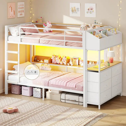 DICTAC Twin XL Bunk Bed with L-Shaped Desk, 5-Drawer Storage, and Dual Shelving