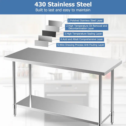 24″ x 60″ Stainless Steel Kitchen Prep Table with Adjustable Under-Shelf and Leveling Feet