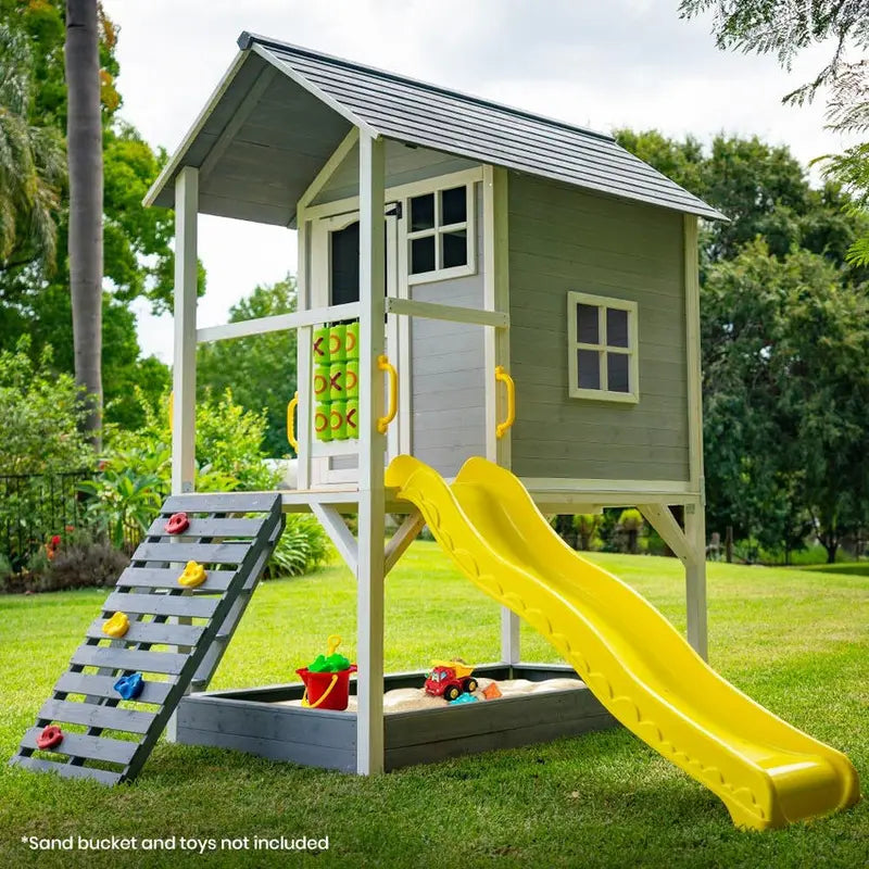 ROVO Wooden Tower Cubby House with Slide, Sandpit, Climbing Wall, and Tic-Tac-Toe Panel