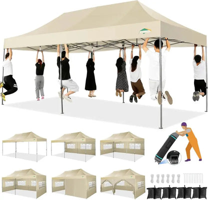 COBIZI Heavy-Duty 10×20 FT Pop-Up Canopy Tent  6 Wind-Resistant Sidewalls, Black Frame, Roller Bag