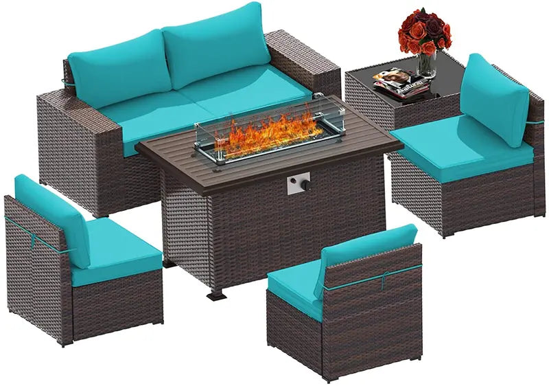 ALAULM Outdoor Patio Furniture Set with Propane Fire Pit Table, 7 Pieces Outdoor Furniture Patio Sectional Sofa Conversation Sets w/ETL Approved 43