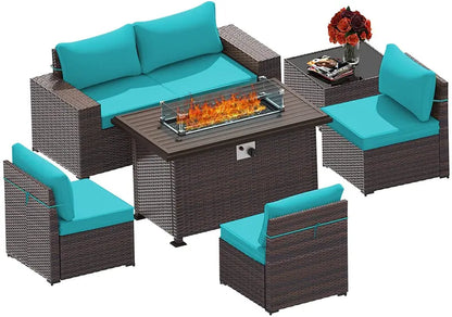 ALAULM Outdoor Patio Furniture Set with Propane Fire Pit Table, 7 Pieces Outdoor Furniture Patio Sectional Sofa Conversation Sets w/ETL Approved 43
