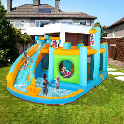 JOYMOR Inflatable Water Slide Park, Pirate Themed Bounce House w/ Obstacle Course, Water Cannon, Splash Pool, Water Slide Bouncer Castle Outdoor Backyard Playhouse for Age 3-12 Kids (Included Blower)