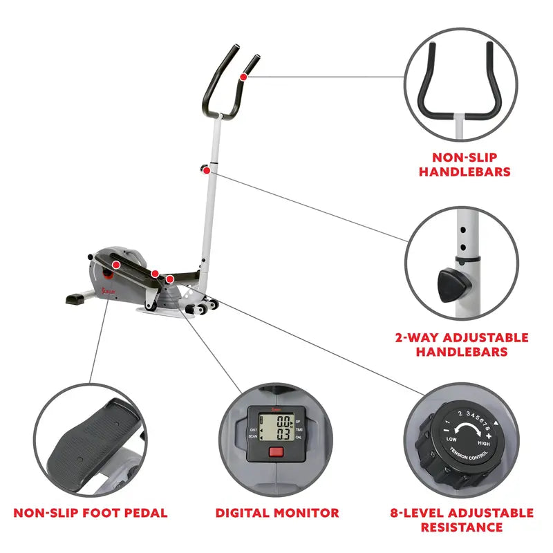 Sunny Health & Fitness Compact Magnetic Elliptical Trainer with Adjustable Handlebars, 8 Resistance Levels, SF-E3988