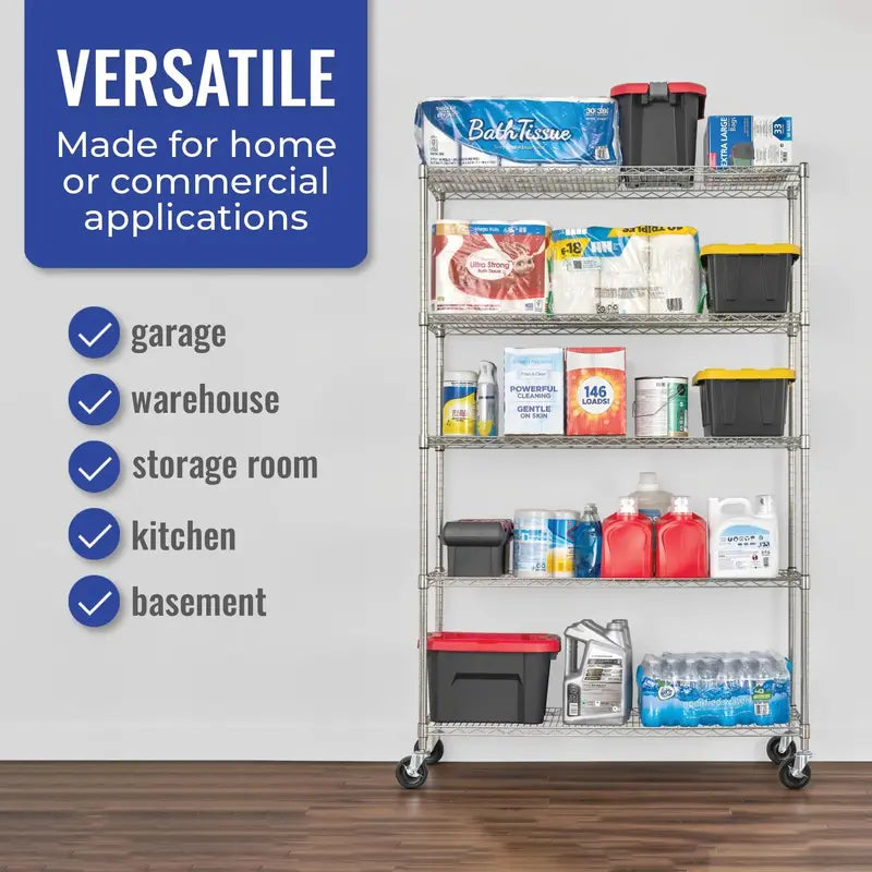 SafeRacks NSF Certified 5-Tier Wire Shelving Storage Unit, 48″x18″x76″, Heavy-Duty Metal Shelves with Wheels, Commercial Grade