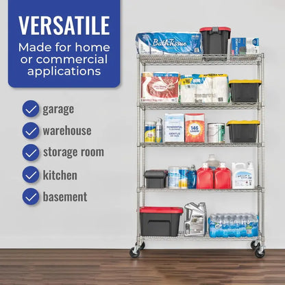 SafeRacks NSF Certified 5-Tier Wire Shelving Storage Unit, 48″x18″x76″, Heavy-Duty Metal Shelves with Wheels, Commercial Grade