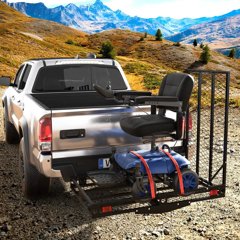 Hitch-Mount Wheelchair Carrier with Loading Ramp and Dual Secure Tie-Down Straps