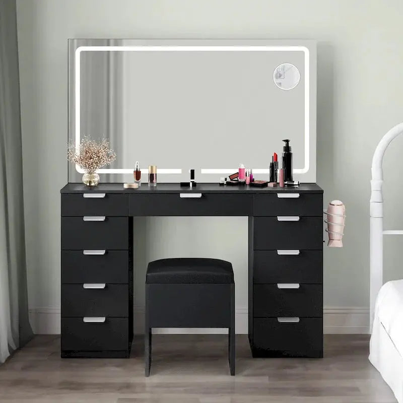Moasis Illuminated Vanity Cabinet — 46-Inch LED Mirror, Built-in Outlet, Hair Dryer Rack, and Slim Profile