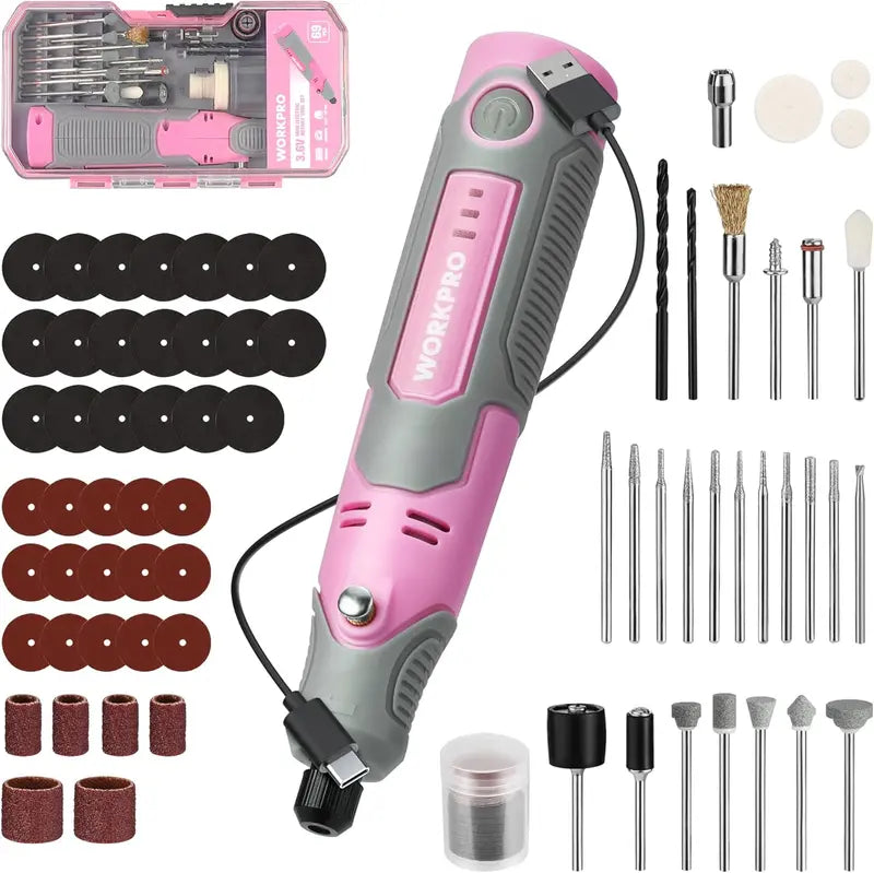 WORKPRO 3.6V Cordless Rotary Tool Kit — Compact Electric Engraving & Grinding Set, Pink Ribbon