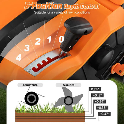 Dual-Function Electric Lawn Dethatcher & Scarifier  16″ Corded Unit with 14.5-Gal Catch Bag