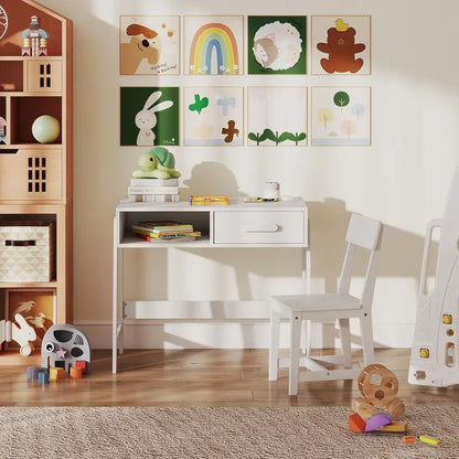 Wooden Kids’ Desk and Chair Set with Storage Hutch & Drawer  Compact Study Station for Children Ages 3+ (White)