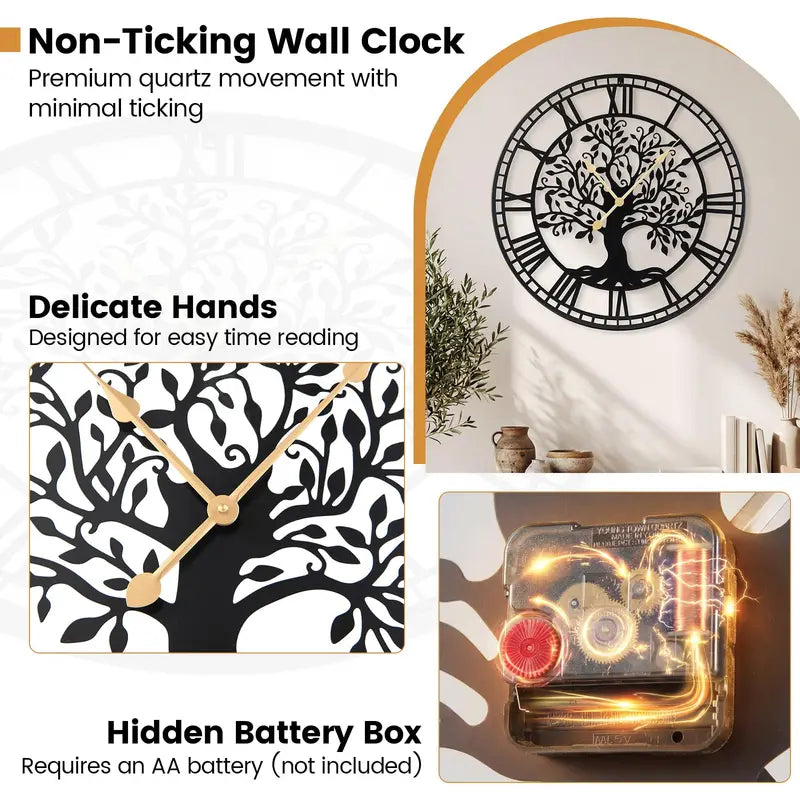 27-Inch Tree of Life-Themed Battery-Operated Metal Wall Clock with Elegant Finish