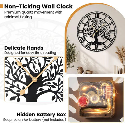 27-Inch Tree of Life-Themed Battery-Operated Metal Wall Clock with Elegant Finish