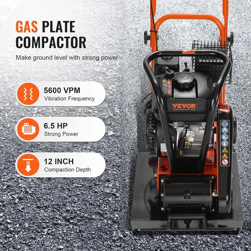 Gas-Powered Plate Compactor  6.5 HP, 196cc Engine, 4200 lb Vibratory Force, 5600 VPM for Pavers, Asphalt & Landscaping Projects