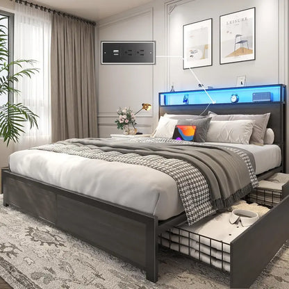Lifezone Queen Platform Bed Frame  Metal Construction with 2-Tier Storage Headboard & 4 Under-Bed Drawers