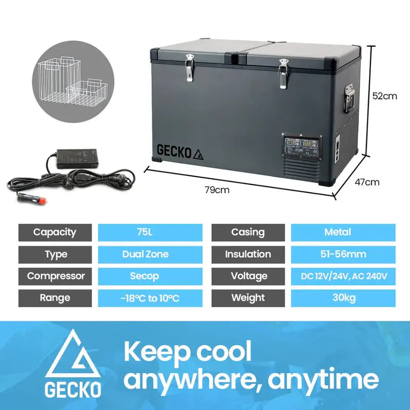 Gecko 75L Dual-Zone Portable Fridge Freezer  SECOP Compressor for Vehicles, Campers & Off-Grid Use