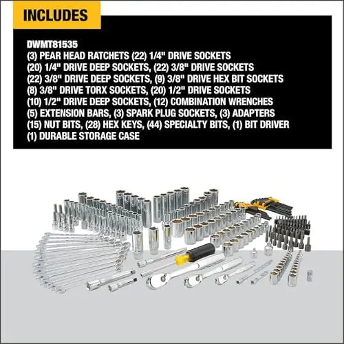 DEWALT 247-Piece Mechanic Tool Set  1/4, 3/8, 1/2 in. Drive SAE Ratchets, Sockets, Wrenches, Hex Keys  Chrome Finish (DWMT81535)