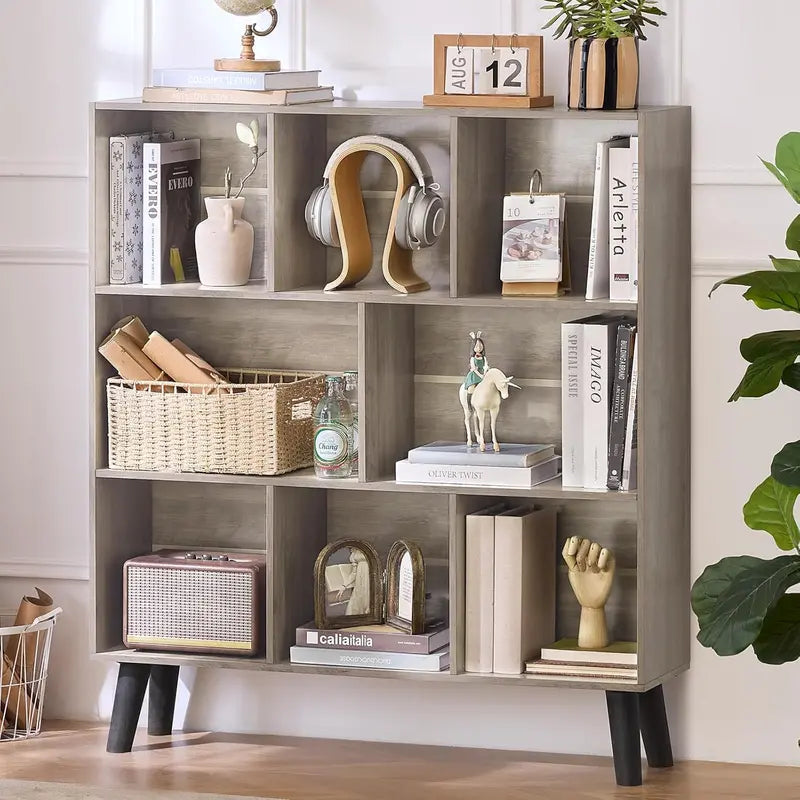 LEYAOYAO Natural Wood 7-Cube Bookshelf  Modern Open-Back Storage Unit with Solid Legs