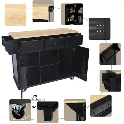 Mobile Kitchen Island on Casters  5-Wheel Design with Cabinet & Triple Drawers