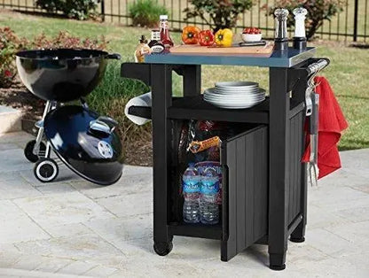 Keter Unity Stainless Steel Outdoor Table & Storage Cabinet  Dark Grey Patio Kitchen Island with Grill Accessory Hooks