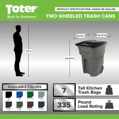 Toter 96-Gallon Heavy-Duty Trash Can  Smooth-Rolling Wheels, Secure Lid, Residential & Commercial Use