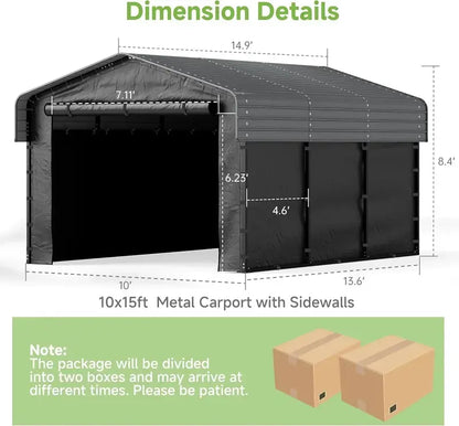 10 ft x 15 ft Reinforced Metal Carport  Weather-Resistant Outdoor Garage or Shade Structure