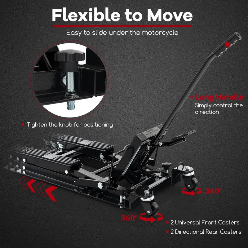 Heavy-Duty Hydraulic Motorcycle Lift  1500 LB Capacity with Footplates & Extended Handle