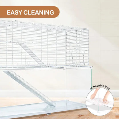 Large 3-Tier Hamster Habitat  Glass Base with Wire Topper, Ramps, Ladders & Waterproof Tray