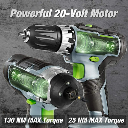 WORKPRO 20V 2-in-1 Combo Kit: Cordless Drill Driver + Impact Driver with Dual 2.0Ah Batteries & Fast Charger