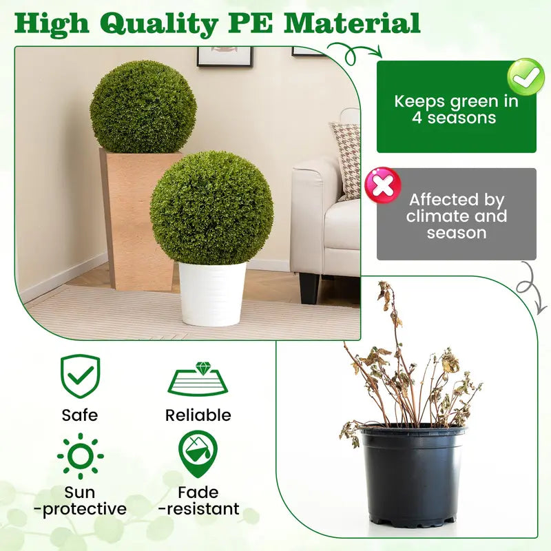 Set of Two 20-Inch Faux Boxwood Topiaries  Outdoor-Ready Round Hedge Balls with Fluffy Texture
