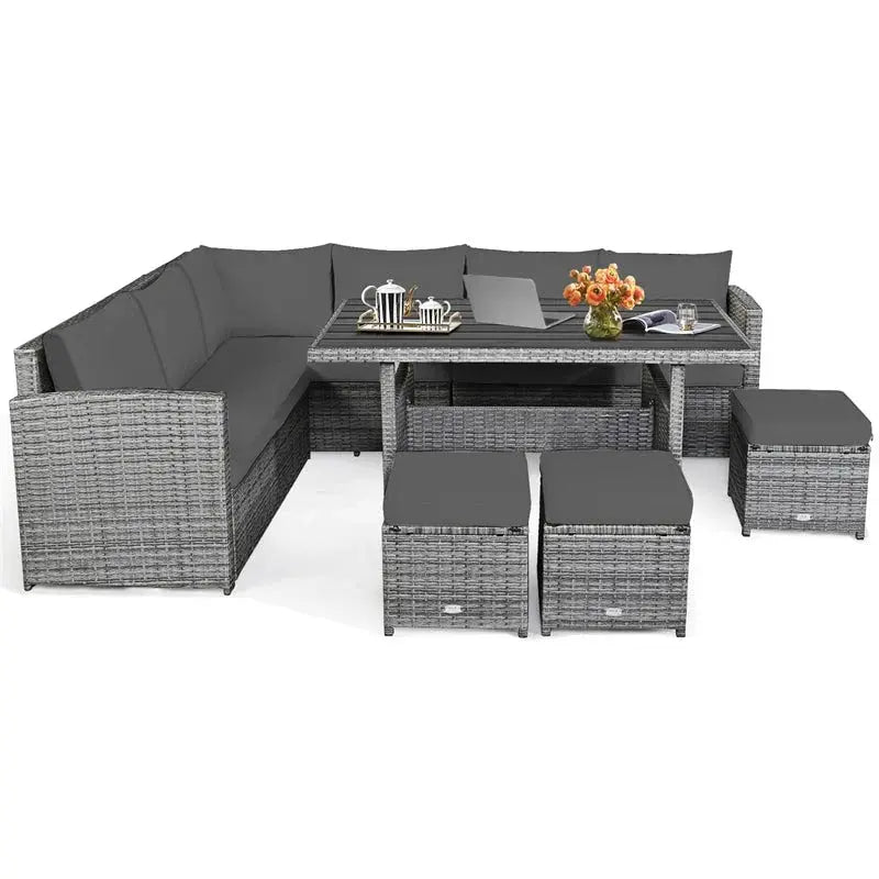 7-Piece Rattan Patio Sectional Set  Includes Dining Table, Ottomans, and Weather-Resistant Cushions