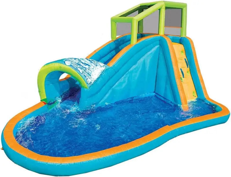 Banzai Inflatable Water Slide & Pool Combo  14′ L x 8′ H Backyard Splash Pad with Sprinkler Wave, Water Wall & Reinforced PVC Construction