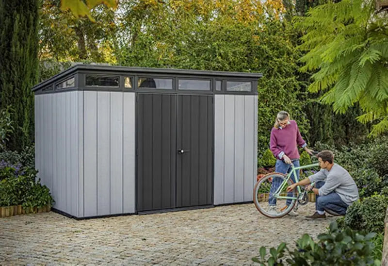 Keter Artisan 11′ x 7′ Modern Resin Storage Shed  Grey & Black, Ideal for Patio Furniture & Garden Gear