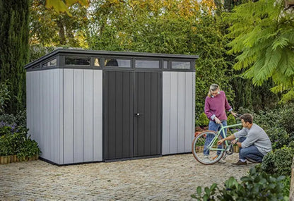 Keter Artisan 11′ x 7′ Modern Resin Storage Shed  Grey & Black, Ideal for Patio Furniture & Garden Gear