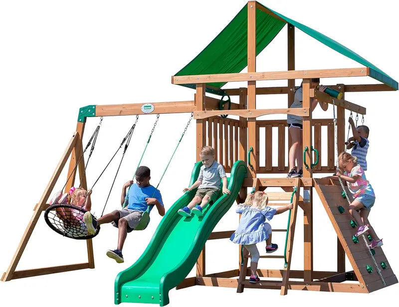 Wooden Mountain-Themed Swing Set  Includes Canopy Shade, Wave Slide, Rope & Net Swings, Rock Wall, Ladders & Steering Wheel