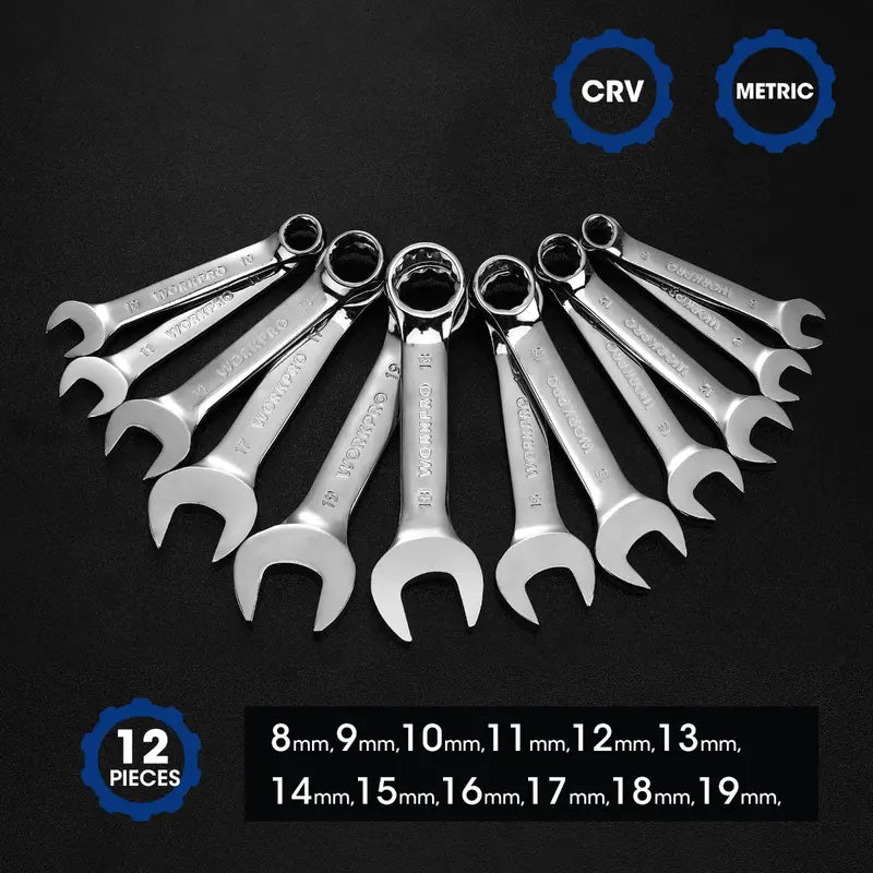 WORKPRO 12-Piece Stubby Combination Wrench Set for Tight Spaces