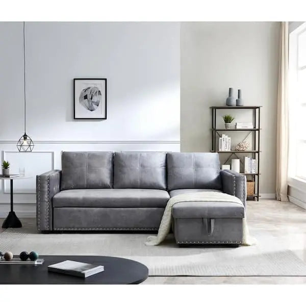 Reversible Gray Velvet L-Shape Sleeper Sectional with Built-In Storage Compartment