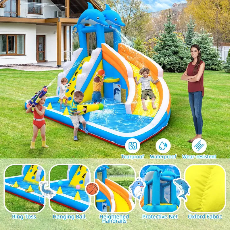 5-in-1 Inflatable Dolphin Water Play Center  Bounce House, Climbing Wall, Splash Pool, Water Cannon & Basketball Hoop for Backyard Fun