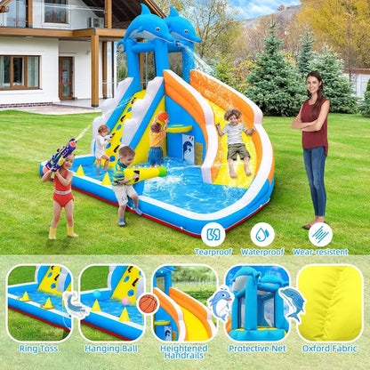 5-in-1 Inflatable Dolphin Water Play Center  Bounce House, Climbing Wall, Splash Pool, Water Cannon & Basketball Hoop for Backyard Fun