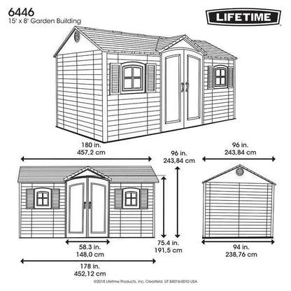 Plastic Tool Shed  15 ft W x 8 ft D, Side-Entry Design, UV-Resistant Polyethylene Construction