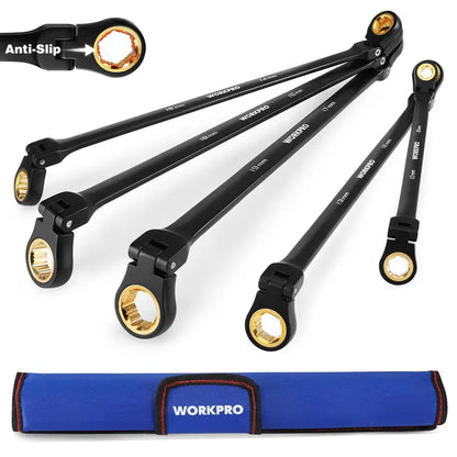 WORKPRO 5-Piece Extra-Long Flex-Head Ratcheting Wrench Set — Metric Sizes 819 mm, Rolling Pouch Included