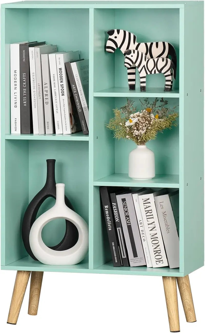 LEYAOYAO Natural Wood 7-Cube Bookshelf  Modern Open-Back Storage Unit with Solid Legs