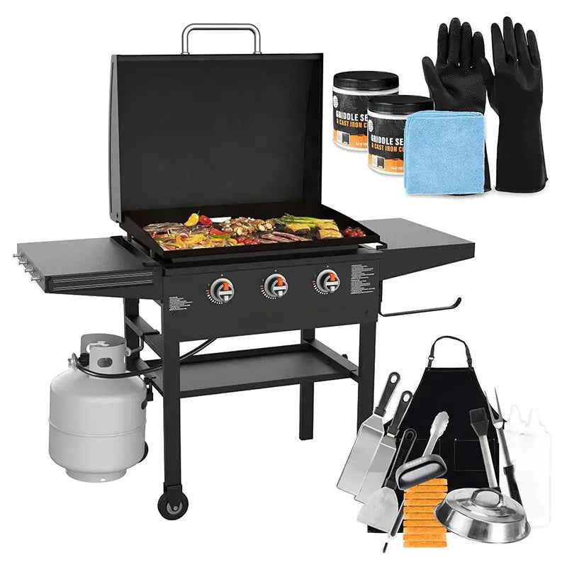 XL 3-Burner Outdoor Flat Top Grill with Hood  Griddle 2080 + Accessories Kit (Seasoning, Gloves, Cleaning Cloth)