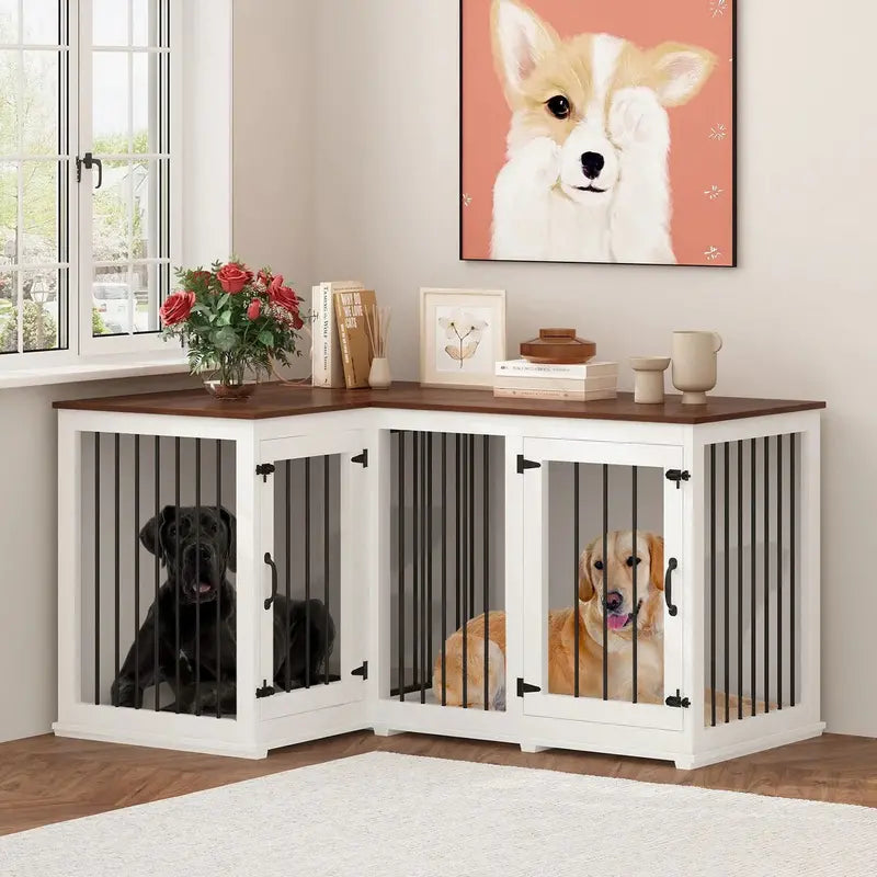 L-Shaped Corner Dog Crate Furniture  Dual-Dog Capacity, 58.7″ x 41.1″, Stylish Enclosed Design
