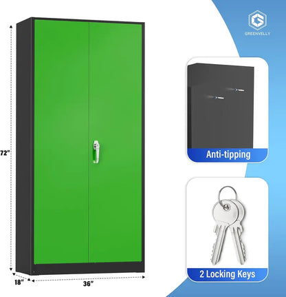 Greenvelly 72-Inch Locking Metal Storage Cabinet — 2-Door Garage or Office Organizer with Adjustable Shelves