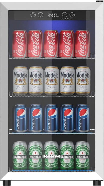 115-Can Beverage Refrigerator  Glass-Door Mini Fridge with Adjustable Shelving for Bar or Office