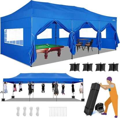 COBIZI Heavy-Duty 10×20 FT Pop-Up Canopy Tent  6 Wind-Resistant Sidewalls, Black Frame, Roller Bag